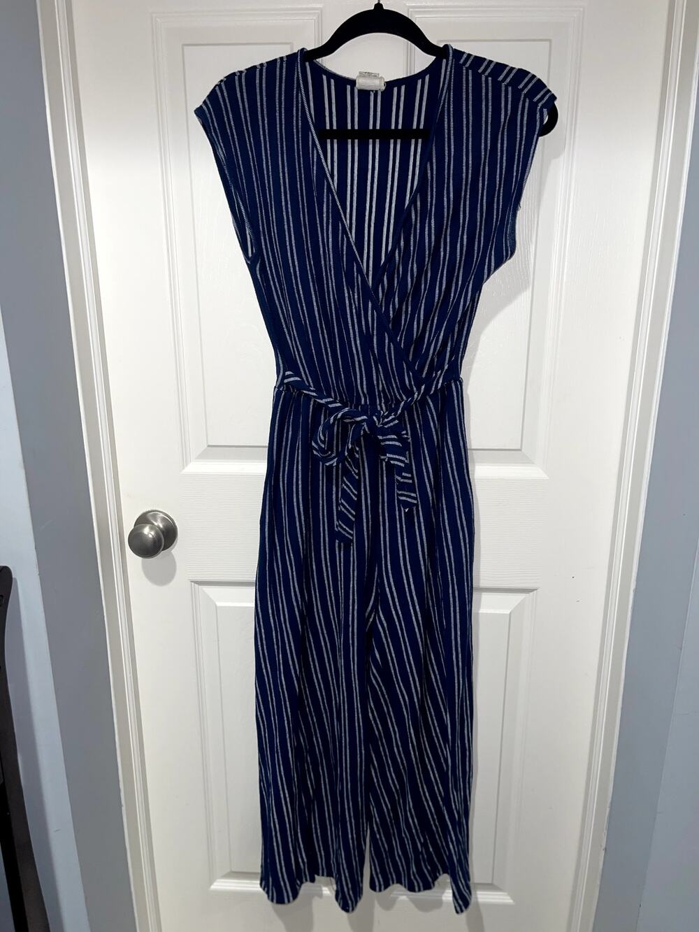 Caution to The Wind Navy & White Striped V-Neck Wrap Jumpsuit